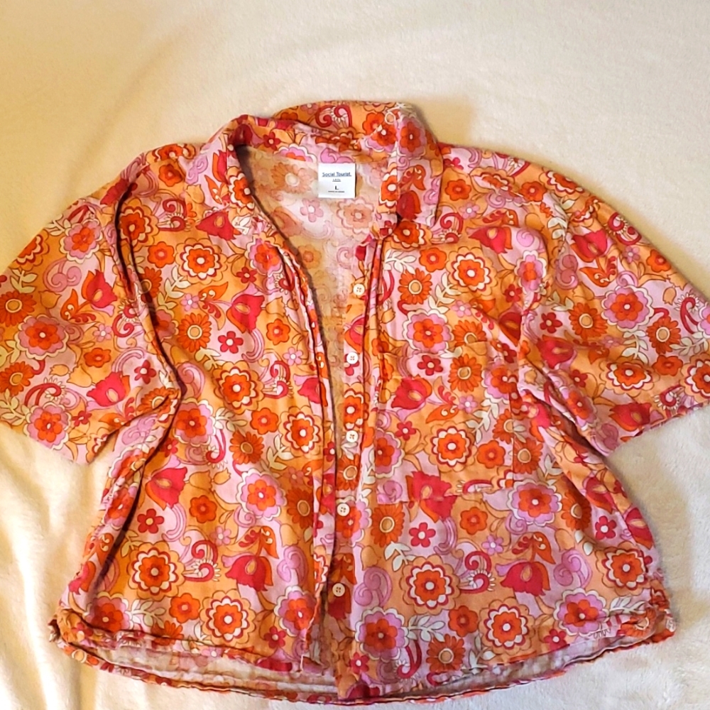 Social Tourist Orange, Pink, White Short Sleeve Button Up